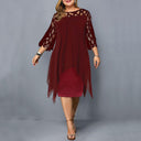 Women's Plus Size Midi Dress – 3/4 Sleeve Lace Yoke Chiffon Overlay Formal