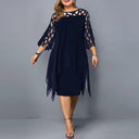 Women's Plus Size Midi Dress – 3/4 Sleeve Lace Yoke Chiffon Overlay Formal