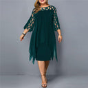 Women's Plus Size Midi Dress – 3/4 Sleeve Lace Yoke Chiffon Overlay Formal