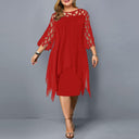 Women's Plus Size Midi Dress – 3/4 Sleeve Lace Yoke Chiffon Overlay Formal