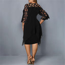 Women's Plus Size Midi Dress – 3/4 Sleeve Lace Yoke Chiffon Overlay Formal