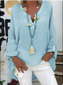 Women's Plus Size Solid Blouse – V-Neck Long Sleeve Roll Tab Curved Hem Top