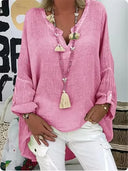 Women's Plus Size Solid Blouse – V-Neck Long Sleeve Roll Tab Curved Hem Top