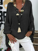 Women's Plus Size Solid Blouse – V-Neck Long Sleeve Roll Tab Curved Hem Top