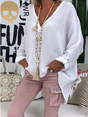 Women's Plus Size Solid Blouse – V-Neck Long Sleeve Roll Tab Curved Hem Top
