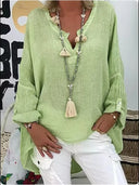 Women's Plus Size Solid Blouse – V-Neck Long Sleeve Roll Tab Curved Hem Top