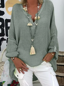 Women's Plus Size Solid Blouse – V-Neck Long Sleeve Roll Tab Curved Hem Top