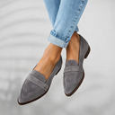 Women's Pointed Toe Penny Loafers – Nubuck Slip On Flat Loafer Shoes Low Heel