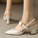 Women's Pointed Toe Slingback Heels – Cutout Vamp Gold Ring Accent Block Heel