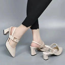 Women's Pointed Toe Slingback Heels – Cutout Vamp Gold Ring Accent Block Heel