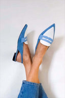Women's Pointed Toe Slingback Mule – Two Tone Vamp Strap Low Block Heel Flat