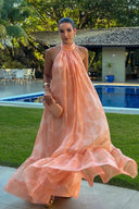 Women's Polka Dot Maxi Dress – Halter Neck Gathered Tiered Ruffle Wedding Guest