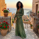 Women's Polka Dot Maxi Dress – V-Neck Long Flare Sleeve Smocked Waist Boho Beach