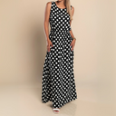 Women's Polka Dot Maxi – Round Neck Sleeveless Gathered Waist Summer Dress