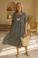 Women's Polka Dot Midi Dress – Round Neck Short Sleeve Tiered Summer Dress