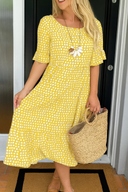 Women's Polka Dot Midi Dress – Round Neck Short Sleeve Tiered Summer Dress
