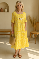 Women's Polka Dot Midi Dress – Round Neck Short Sleeve Tiered Summer Dress