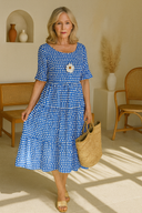 Women's Polka Dot Midi Dress – Round Neck Short Sleeve Tiered Summer Dress
