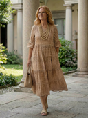 Women's Polka Dot Midi – Round Neck Ruffle Sleeve Three Tier Gathered Summer Dress
