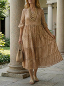 Women's Polka Dot Midi – Round Neck Ruffle Sleeve Three Tier Gathered Summer Dress