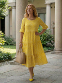 Women's Polka Dot Midi – Round Neck Ruffle Sleeve Three Tier Gathered Summer Dress