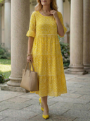 Women's Polka Dot Midi – Round Neck Ruffle Sleeve Three Tier Gathered Summer Dress