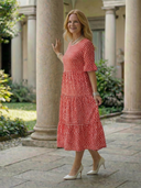 Women's Polka Dot Midi – Round Neck Ruffle Sleeve Three Tier Gathered Summer Dress