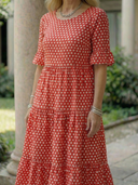 Women's Polka Dot Midi – Round Neck Ruffle Sleeve Three Tier Gathered Summer Dress