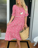 Women's Polka Dot Midi – Scoop Neck Short Sleeve Smocked Tiered Casual Dress