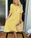 Women's Polka Dot Midi – Scoop Neck Short Sleeve Smocked Tiered Casual Dress