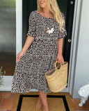 Women's Polka Dot Midi – Scoop Neck Short Sleeve Smocked Tiered Casual Dress