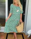 Women's Polka Dot Midi – Scoop Neck Short Sleeve Smocked Tiered Casual Dress