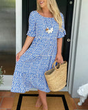 Women's Polka Dot Midi – Scoop Neck Short Sleeve Smocked Tiered Casual Dress