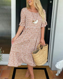 Women's Polka Dot Midi – Scoop Neck Short Sleeve Smocked Tiered Casual Dress