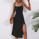 Women's Polka Dot Midi – Scoop Neck Spaghetti Strap Tie Front Split Dress