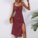 Women's Polka Dot Midi – Scoop Neck Spaghetti Strap Tie Front Split Dress