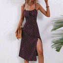 Women's Polka Dot Midi – Scoop Neck Spaghetti Strap Tie Front Split Dress