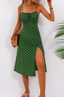 Women's Polka Dot Midi – Scoop Neck Spaghetti Strap Tie Front Split Dress