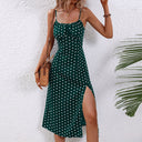 Women's Polka Dot Midi – Scoop Neck Spaghetti Strap Tie Front Split Dress