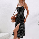 Women's Polka Dot Midi – Scoop Neck Spaghetti Strap Tie Front Split Dress