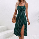 Women's Polka Dot Midi – Scoop Neck Spaghetti Strap Tie Front Split Dress