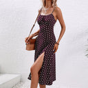 Women's Polka Dot Midi – Scoop Neck Spaghetti Strap Tie Front Split Dress