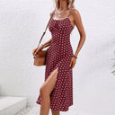 Women's Polka Dot Midi – Scoop Neck Spaghetti Strap Tie Front Split Dress
