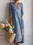 Women's Polka Dot Stripe Colorblock Midi – V Neck 3/4 Sleeve Loose Casual Dress