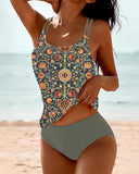 Women's Printed Tankini Set – Scoop Neck Double Strap Two Piece Swimwear