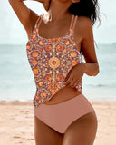 Women's Printed Tankini Set – Scoop Neck Double Strap Two Piece Swimwear