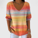 Women's Rainbow Stripe Knit Top – V Neck Long Sleeve Casual Pullover