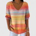 Women's Rainbow Stripe Knit Top – V Neck Long Sleeve Casual Pullover
