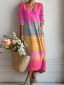 Women's Rainbow Stripe Ombre Maxi Dress – V Neck Long Sleeve Casual Summer Dress