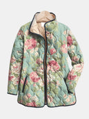 Women's Retro Floral Quilted Jacket – Stand Collar Contrast Trim Snap Button